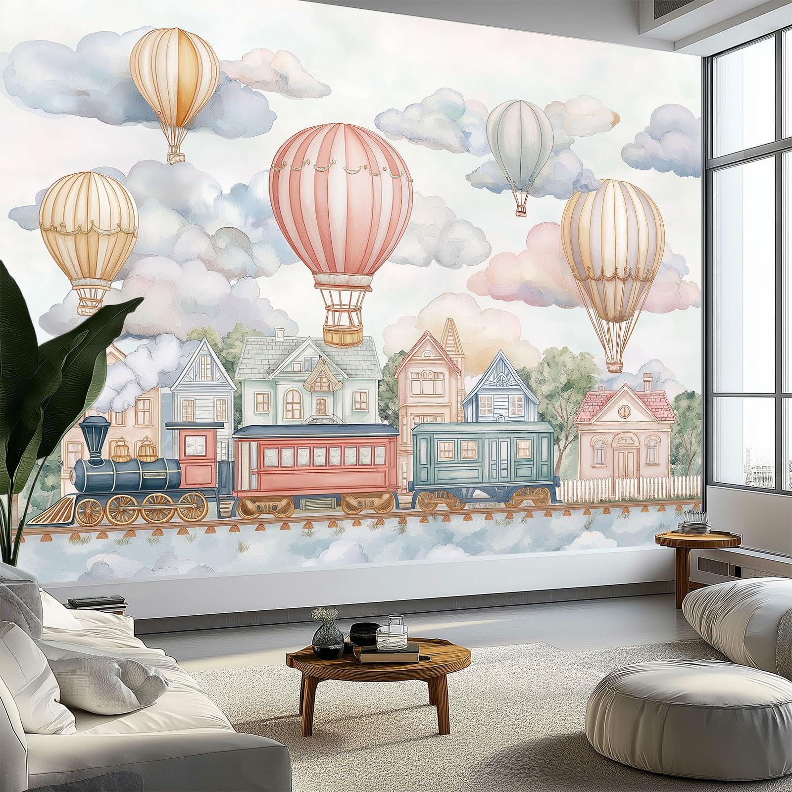Malowidła ścienne kreskówka balon na gorące powietrze pociąg miasto chmury tapeta z włókniny 250 x 175 cm duża fototapeta, do salonu sypialni pokrycie ścienne mural dekoracja fototapeta biała