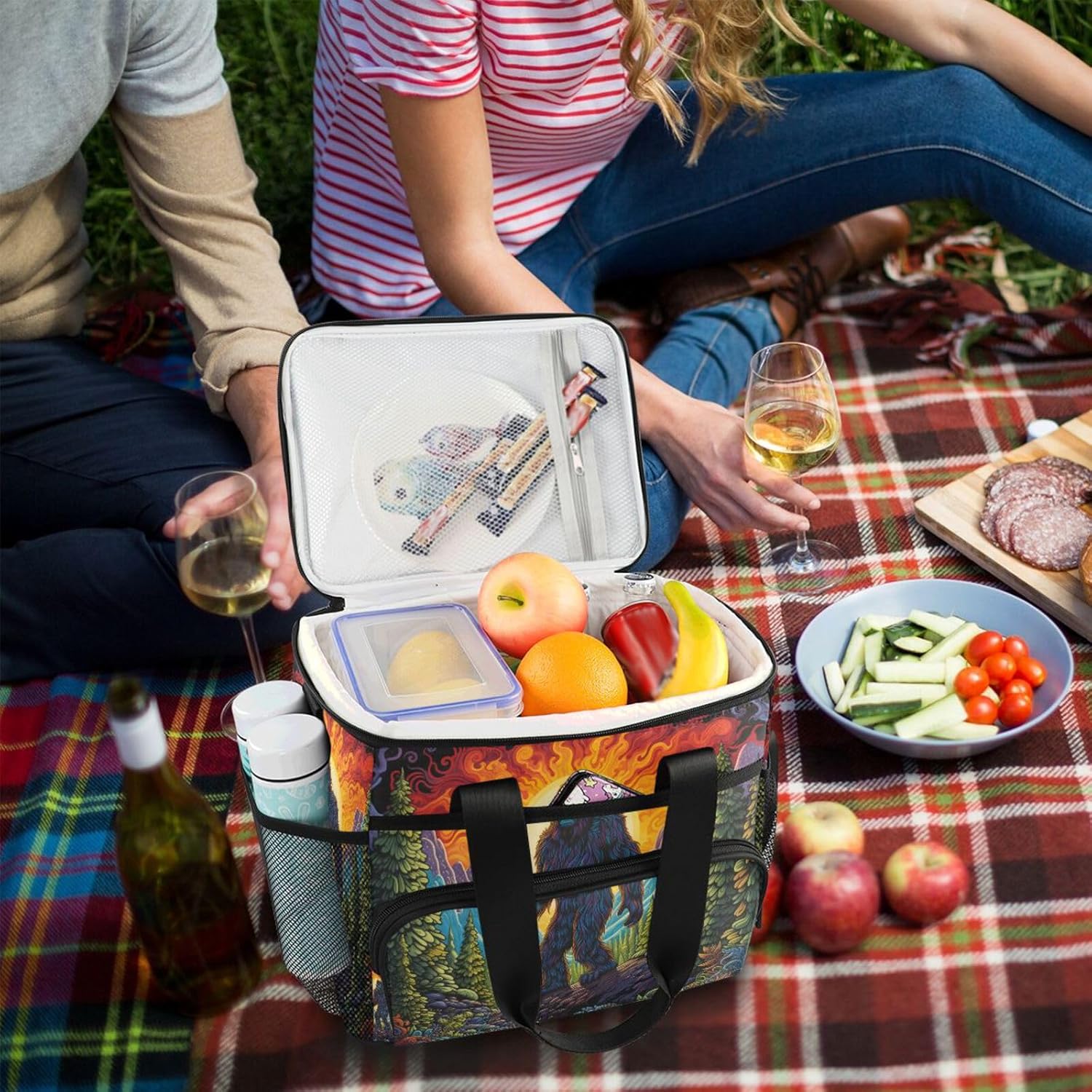 Sasquatch Colorful Forest Insulated Cooler Bag 24 Cans Large Capacity Lunch Box Leak Proof with Shoulder Strap for Picnic Camping