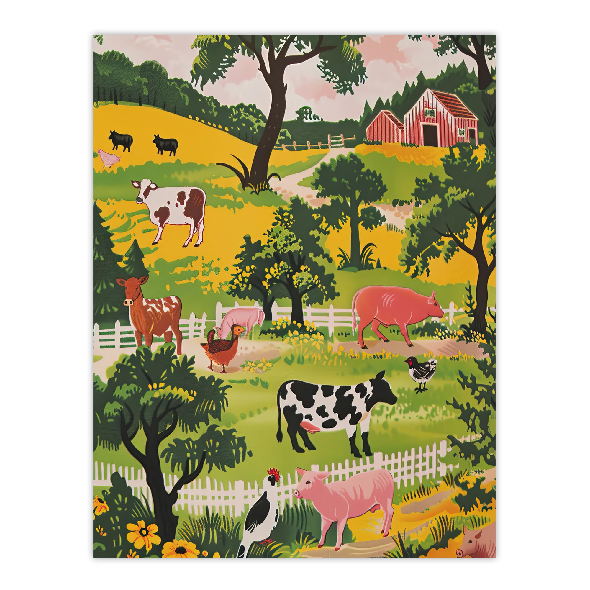 Artery8 Farm Animals Cow Pig Chickens Painting Wall Art Print W18" x H24"