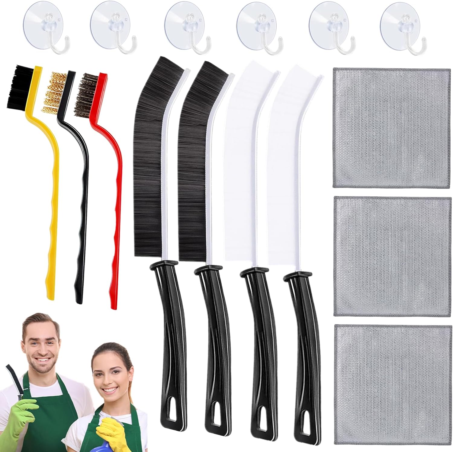 16Pcs Crevice Cleaning Brush Set, Hard Bristle Gap Cleaning Brush for Bathroom Window Tracks, Deep Cleaning Tools Kit with Wire Detail Brushes & Non-Scratch Wire Dishcloths for Kitchen