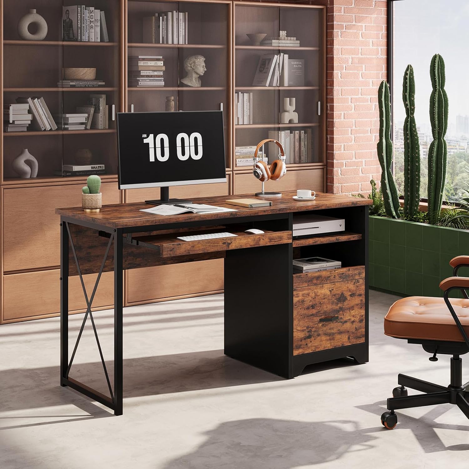 Bestier 47" Computer Desk with Drawers, Home Office Desk with Keyboard Tray, Reversible Industrial Office Desk with Storage Cabinet for Small Space Home Office & Studio, Rustic Brown