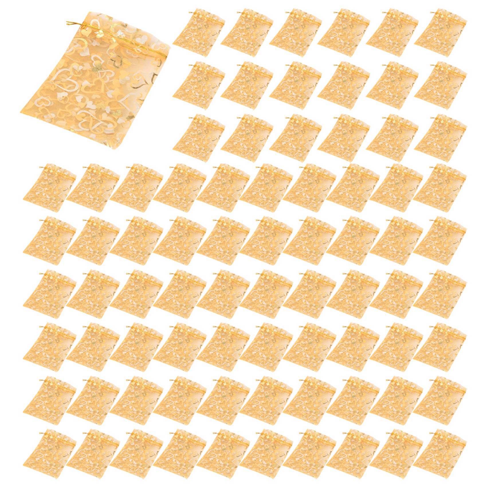 Hndhbfgrt 500Pcs 9x12cm Sheer Drawstring Heart Organza Jewelry Pouches Wedding Party Christmas Favor Gift Bags (Gold)