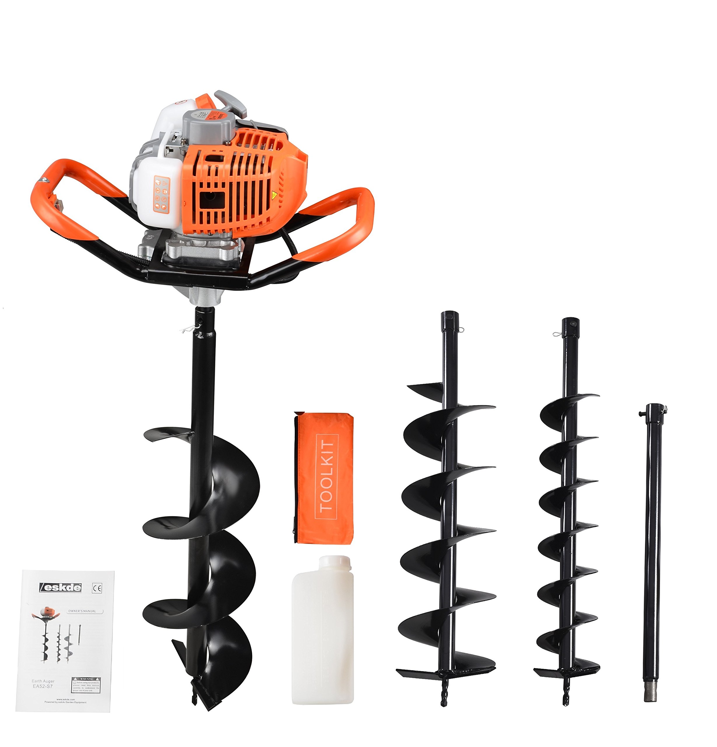 Petrol Auger Post Hole Digger - 52cc Fence Post Digger Tool for Tree Planting, Poles and Shrubs, Earth Auger Hole Borer with 3 Drill Attachments 100mm, 150mm, 200mm and Extension Pole