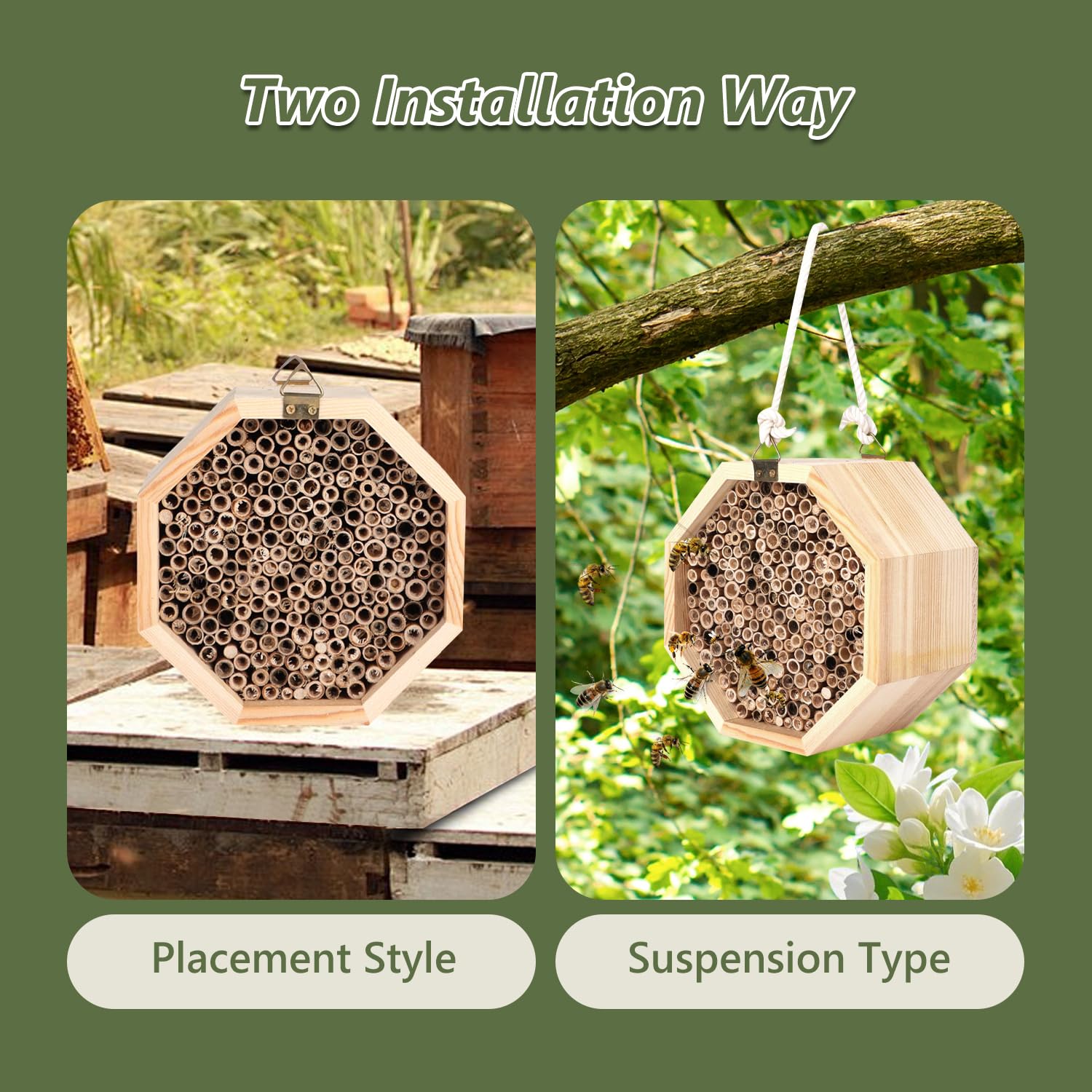 Hölzernes Bienenhaus, Sechseckiger Bienenlebensraum Hölzernes Lnsektenhotel Hängender Wildbienenhotel für Bienen, Wildbienen, Marienkäfer & Schmetterlinge