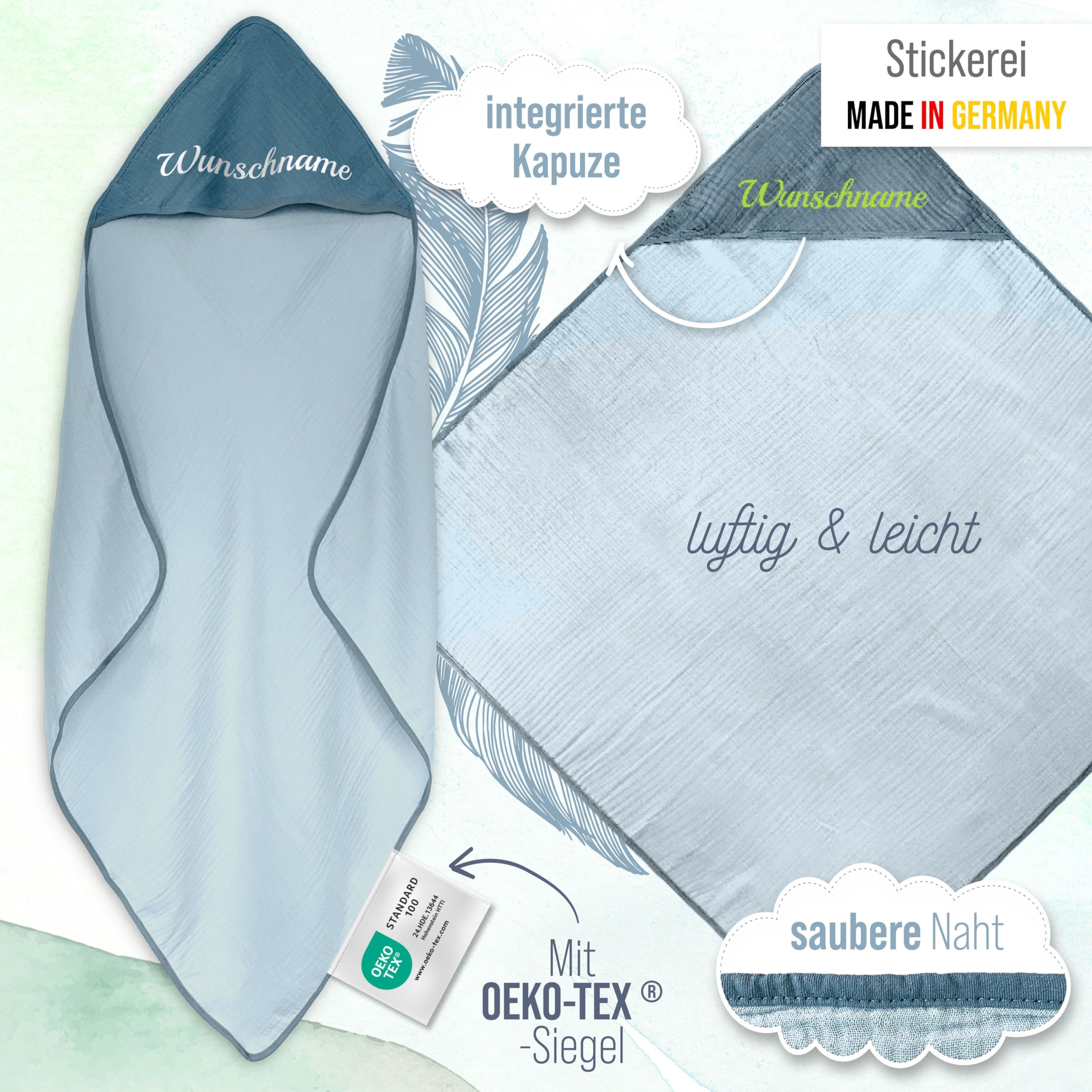 Newborn - Set regalo personalizzato per neonati in morbida mussola (azzurro, personalizzato) con nome ricamato, Oeko-TEX® Standard 100, 3 pezzi