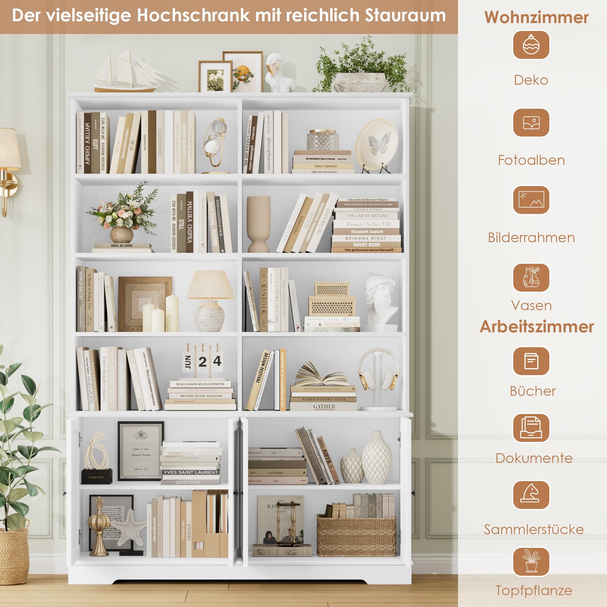 FirFurd 185cm Bücherregal mit Türen Bücherschrank mit 12 Fächern Vitrinenschrank aus Holz Hochschrank Regal mit Türen für Wohnzimmer Arbeitszimmer Büro Küche 185 x 27 x 120cm Weiß