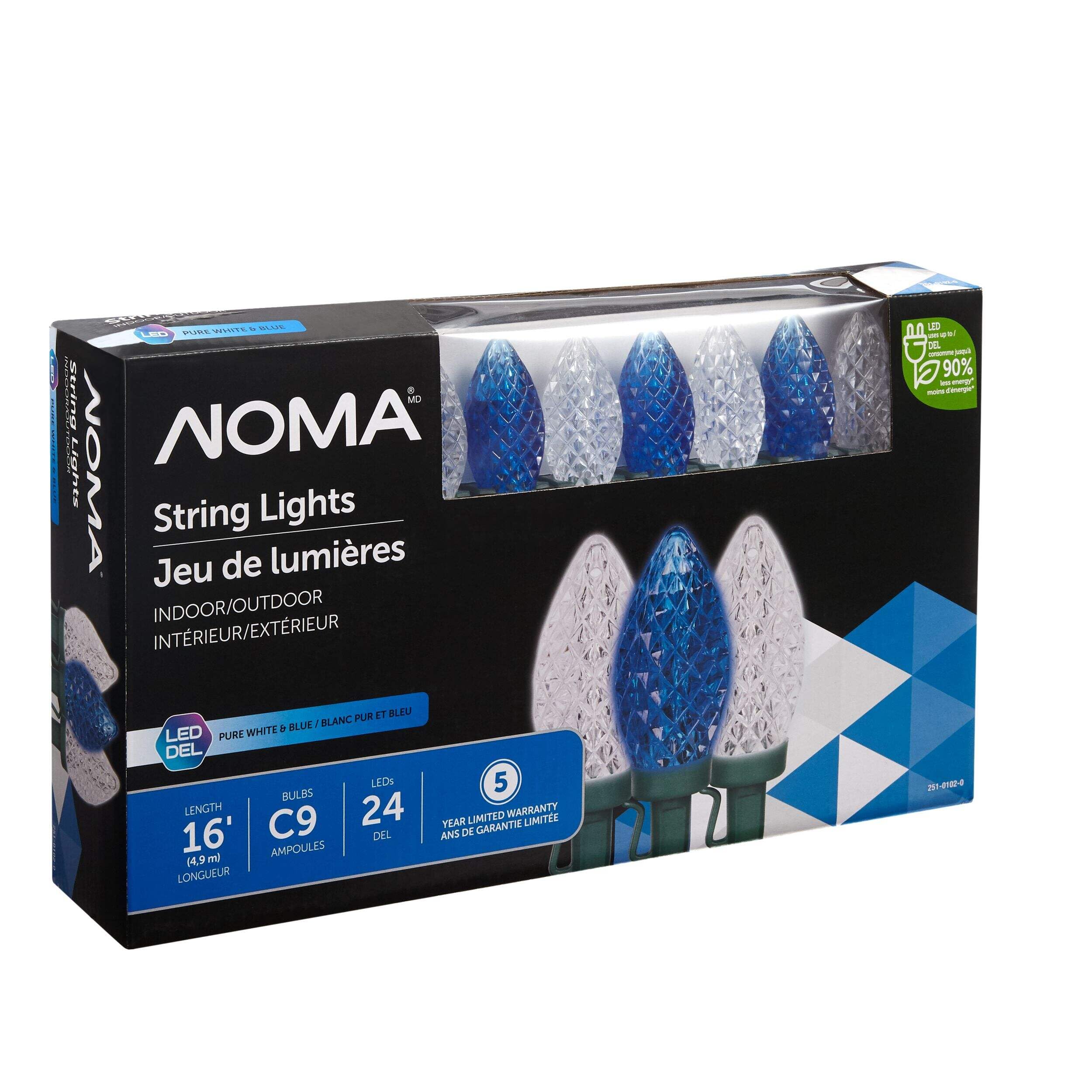 NOMA C9 LED String Lights, showing blue and white bulbs on a green wire