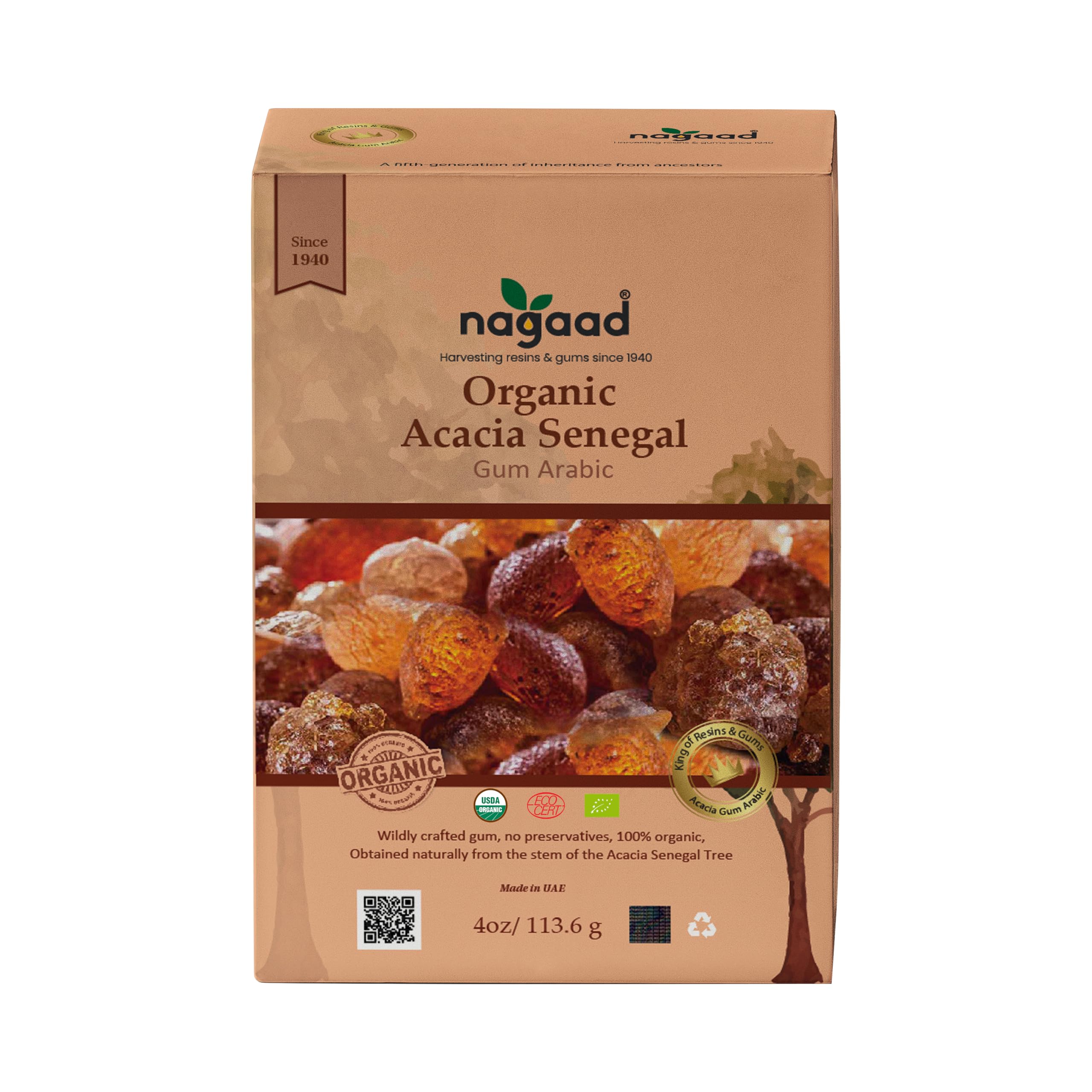 Nagaad USDA Organic Certified Acacia Senegal Gum Arabic β 4 Oz | 100% Pure Natural Gum β Food Grade Organic Acacia Gum for Smoothies, Cooking, Baking, Watercolor, Cosmetics & Emulsifying.