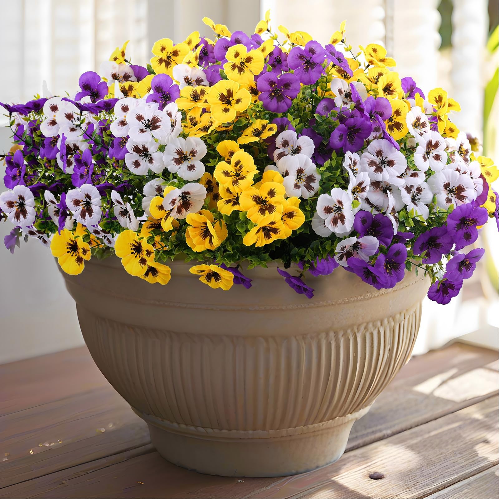 Rowfad 18 Pcs Artificial Fake Pansy Flowers for Outdoor, Faux Silk Pansies Spring Flowers for Outside for Planter Front Door Porch Yard Patio Window Box Home Decor (18, Purple, Yellow, White)