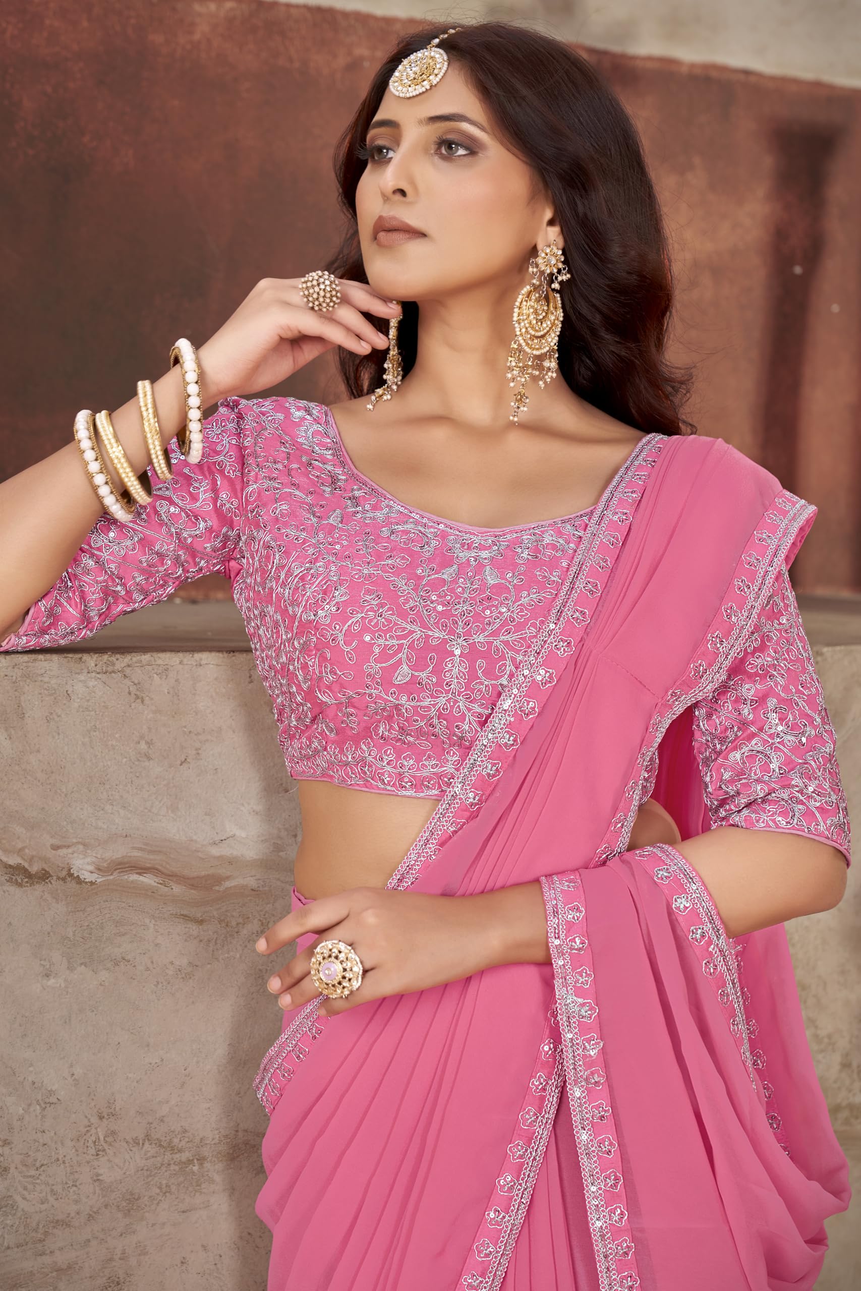 Glory Sarees Women's Georgette Ready To Wear Saree With Silk Blouse Piece (Readymade_Saree106_Pink)