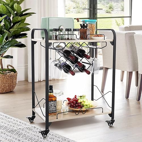Jubao Bar Carts for The Home, 2-Tier Mobile Bar Serving Cart with Wine Racks and Glasses Holders, Wine Cart on Wheels, Beverage Small Bar Cart for