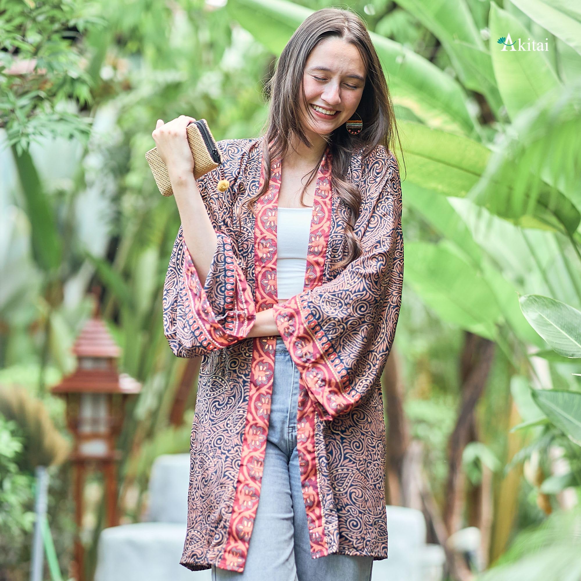 Kimono Boho da donna, 100% cotone kasturi, chiusura con gancio e anello, maniche a 3/4, comfort per tutte le stagioni, top kimono da donna per l'estate, versatile per spiaggia, vacanze