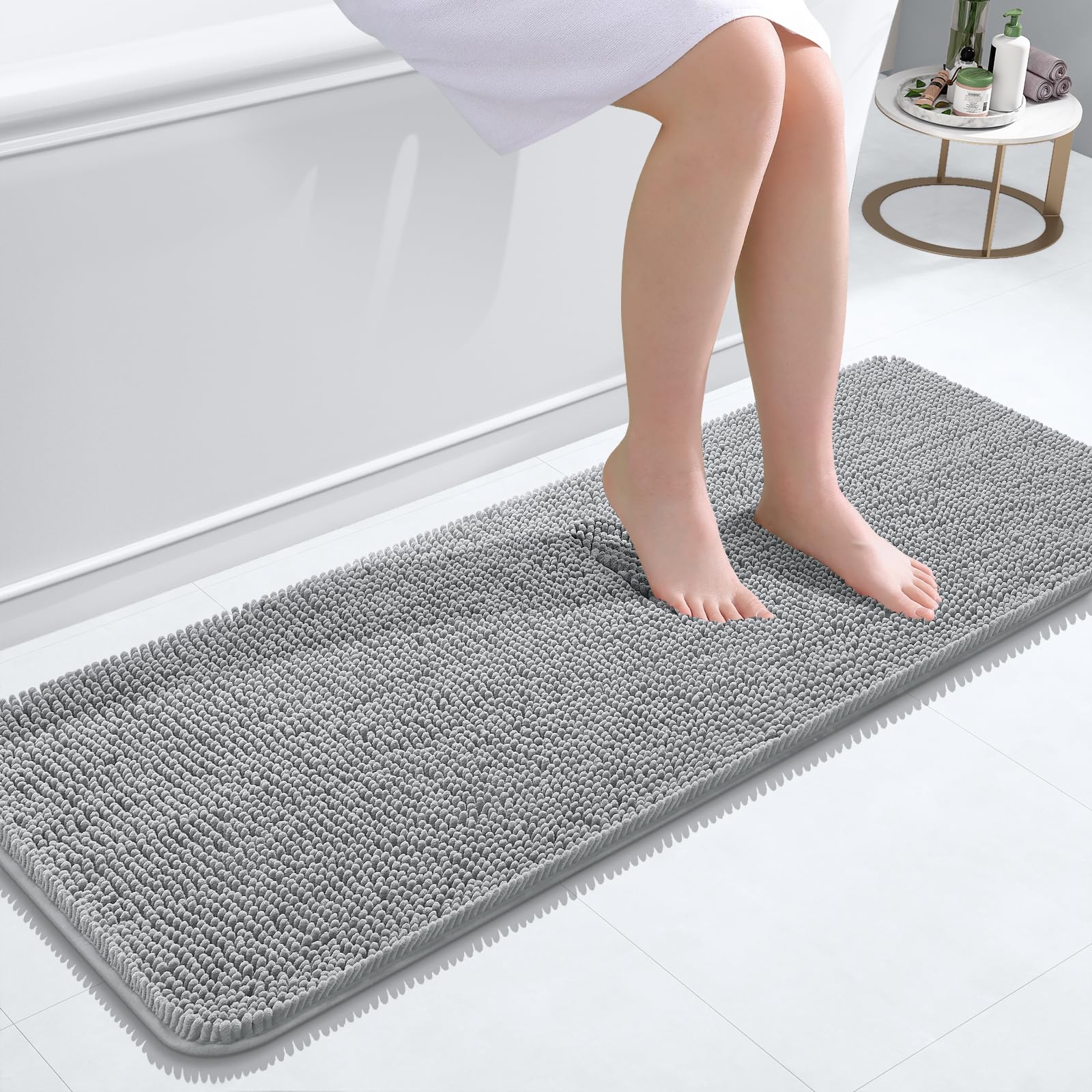 OLANLY Bathroom Runner Rugs 47x17, Soft Absorbent Chenille Bath Rugs, Rubber Backing Quick Dry, Machine Washable Long Bath Mats for Bathroom Floor, Tub and Shower, Home Decor Accessories, Light Grey