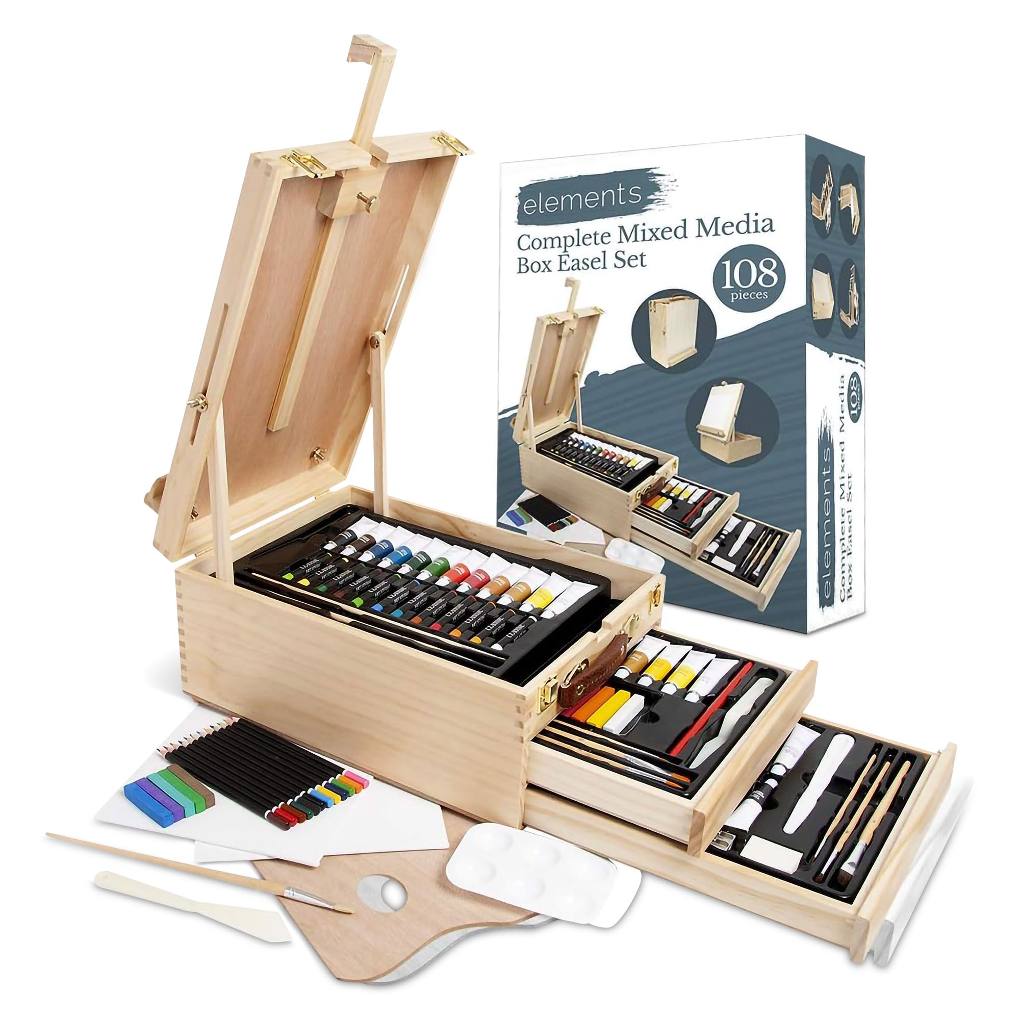 Elements Complete Mixed Media Easel Art Set – 108-Pc Artist Paint Set for Acrylic and Oil Drawing, Painting and Sketching – 3-Drawer Wooden Desktop Easel Box Painting Kit