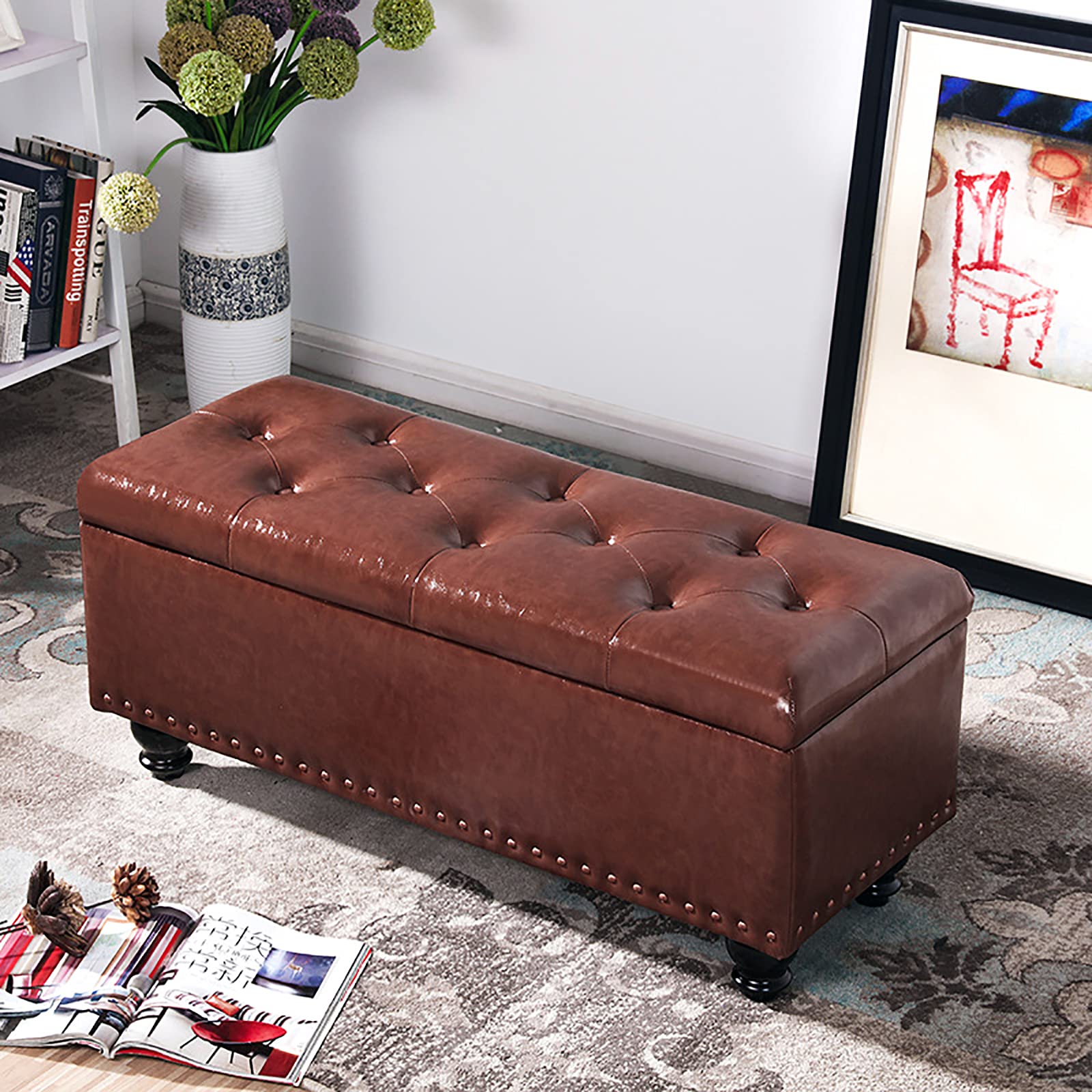 ZHANGshouf Faux Leather Storage Ottoman Bench with Hidden Storage Space Modern Home Bedroom Living Room Footstool Multifunction Bench Dark Brown 80x40x45cm (31x16x18inch)