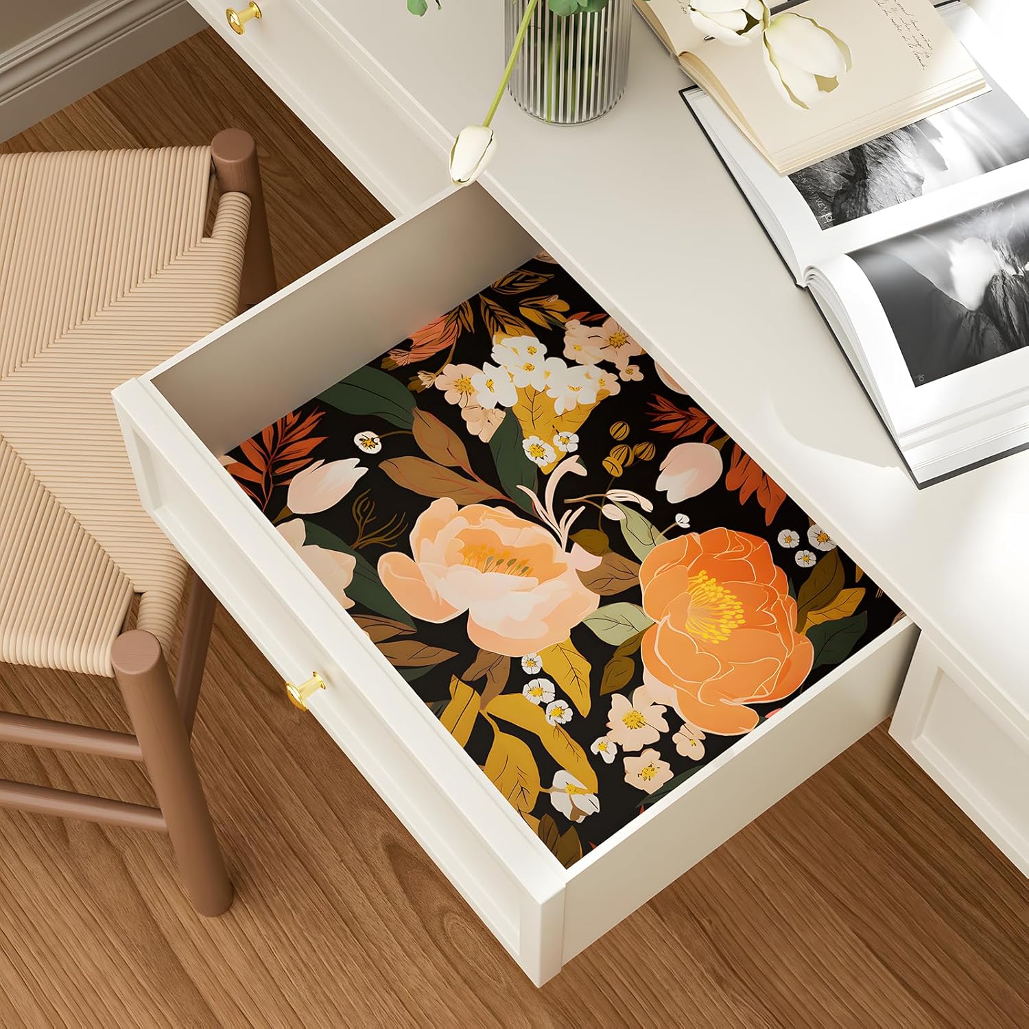 Vintage Floral Peel and Stick Wallpaper Boho Leaf Contact Paper Vinyl Self Adhesive Modern Dark Floral Mural Wall Paper for Walls Shelf Liner Cabinets 17.5in x 9.8ft