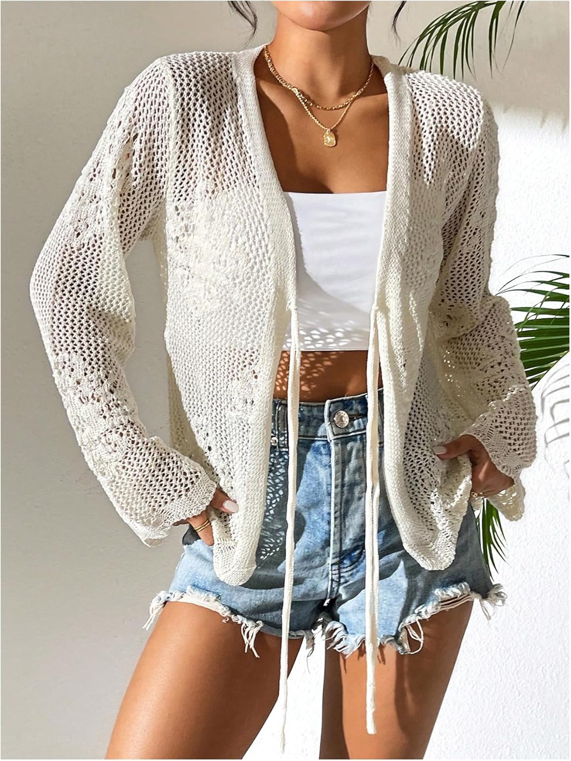 Floerns Women's Tie Front Crochet Lightweight Long Sleeve Cardigan Sweaters Boho Beach Hollow Out Lace Cover Up - Image 5