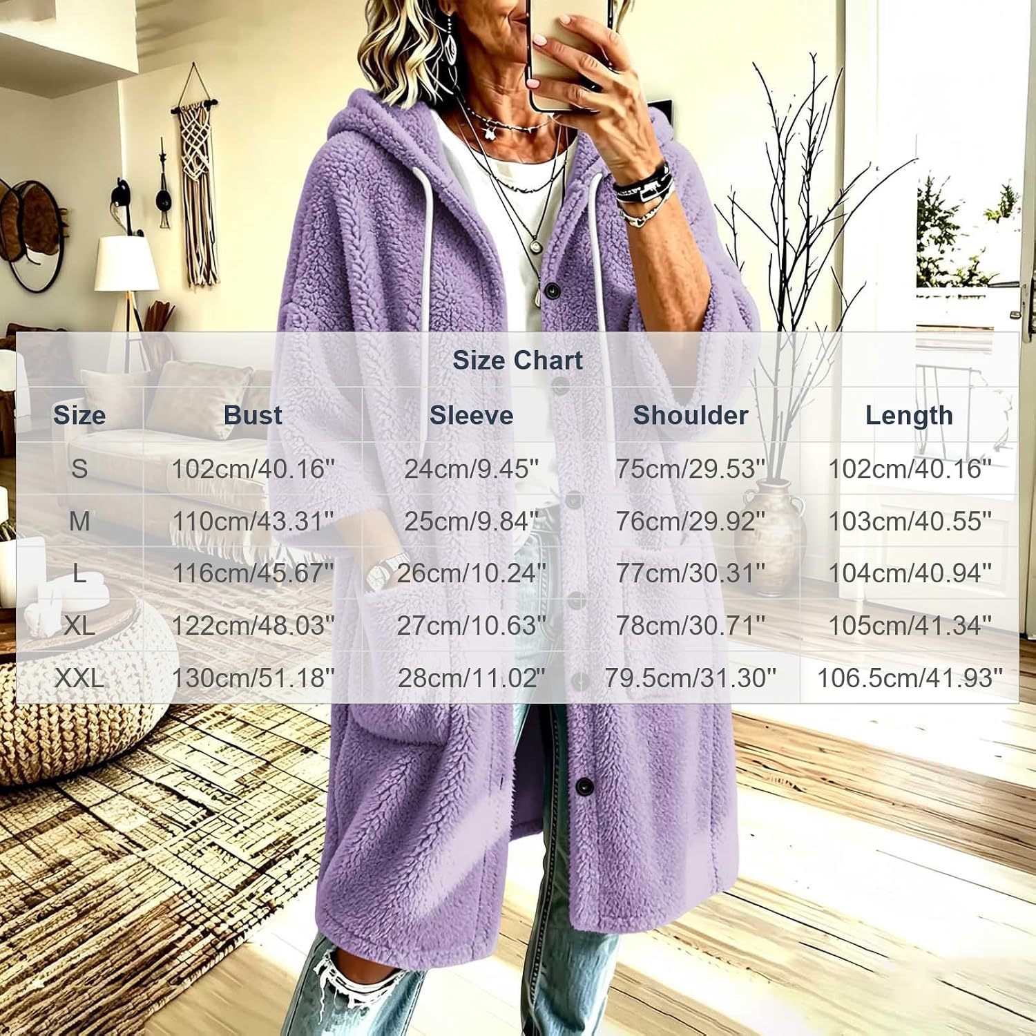 Women's Fleece Long Coat Hooded Button Front Casual Winter Jacket
