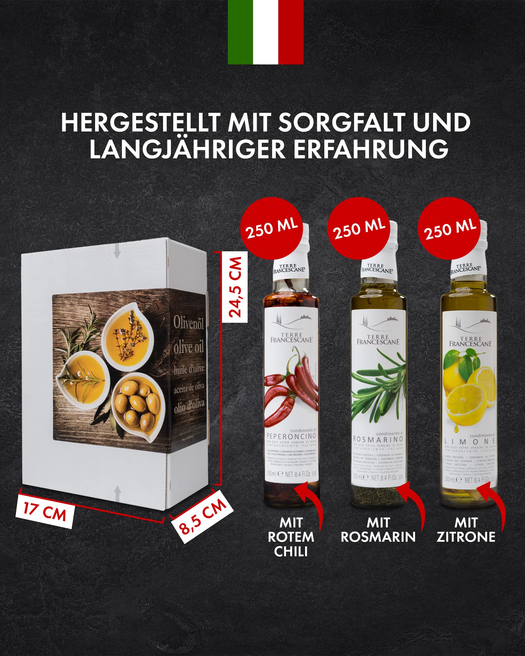Apropos Geschenk - Extra Natives Olivenöl Dressing - 3er-Probier-Paket - Olivenöl verfeinert mit Zitrone, Rosmarin und Chili