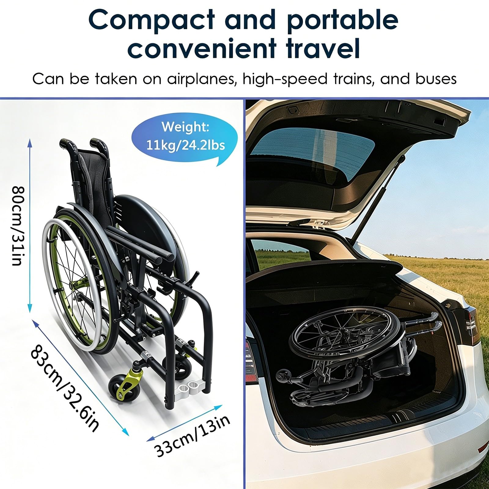 Silla de ruedas manual ligera, silla de ruedas deportiva ultraligera portátil todo terreno, silla de ruedas plegable, sillas de ruedas de transporte con antivuelco(Black A,38cm/15in)
