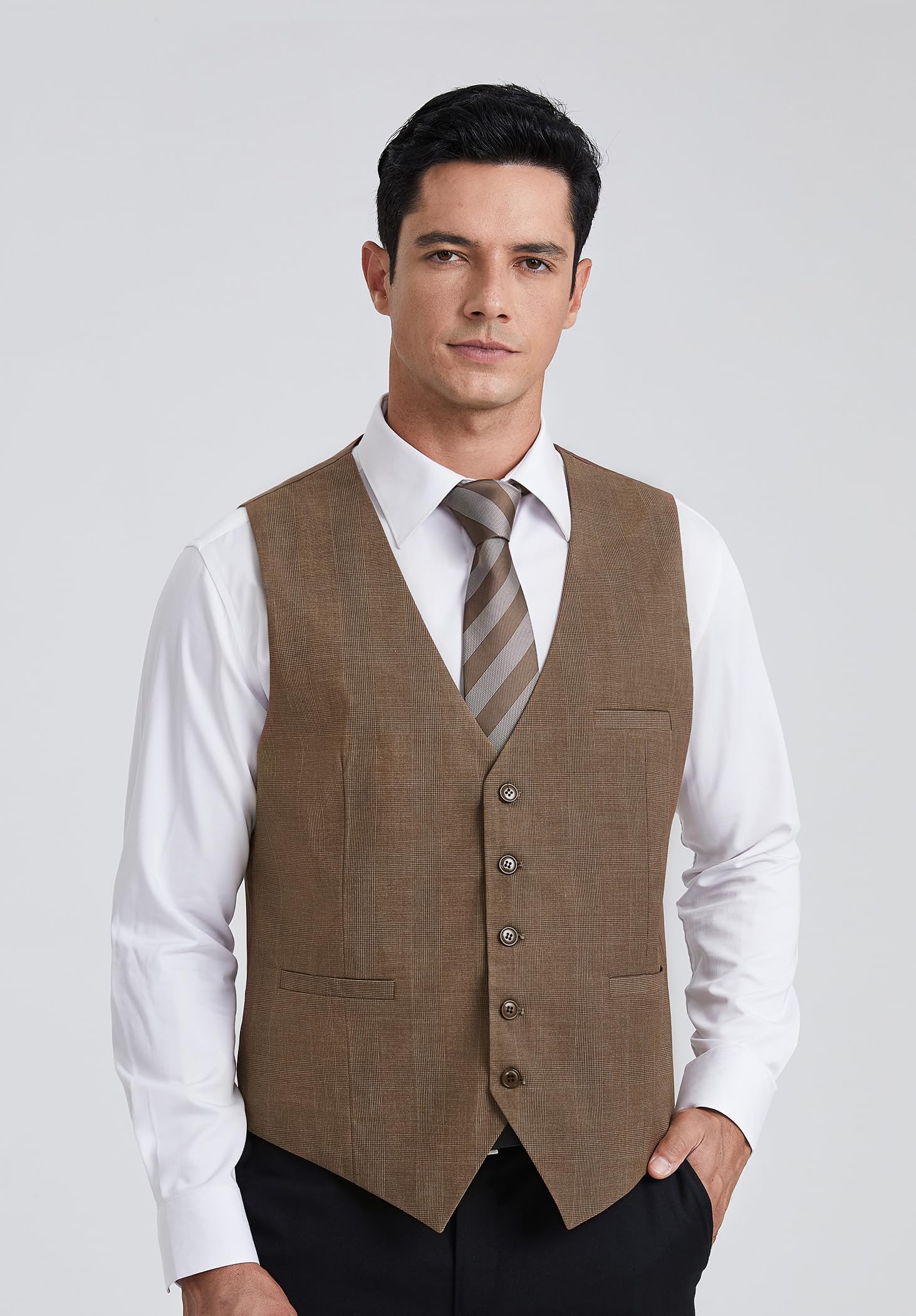 HISDERN Chalecos de Cuadros para Hombre de Vestir Chaleco Traje Escoces de Algodón Clásico Formal Elegantes de Fiesta Boda Con Bolsillos