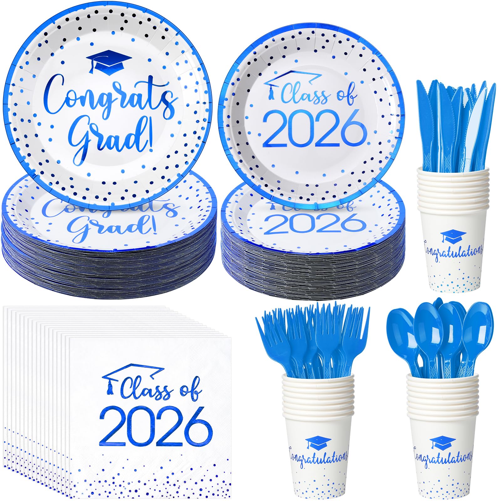 350pcs Class of 2026 Graduation Plates and Napkins Set, Disposable Paper Plate Set Polka Dots Napkins Cups Knife Fork Spoon for Graduation Party
