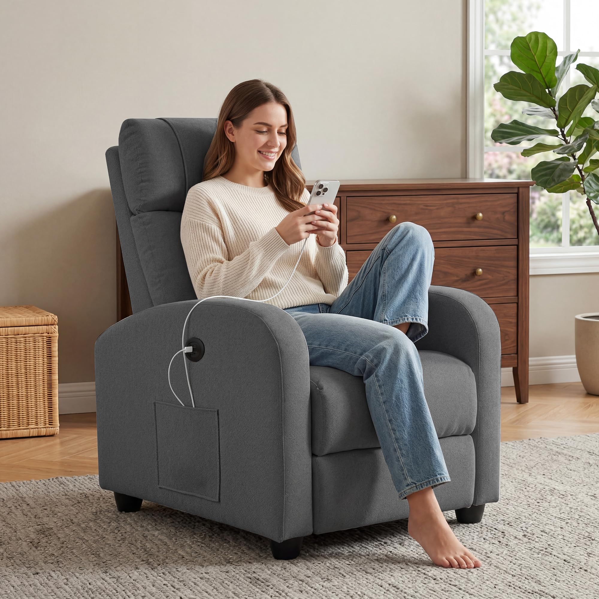 BonVache Relaxsessel, Fernsehsessel, Freizeitsessel mit USB- & Type-C-Ladeanschlüssen, verstellbare Rückenlehne und Fußstütze, Einzelsessel für Wohnzimmer, Schlafzimmer, Büro, Leinenstoff, Dunkelgrau