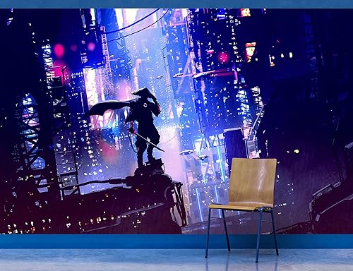 Samurai japonés en Ciudad Neón Cibernética Futurista de Japón. Mural de pared Futuro retro de onda de sintetizador de estilo anime. Papel tapiz