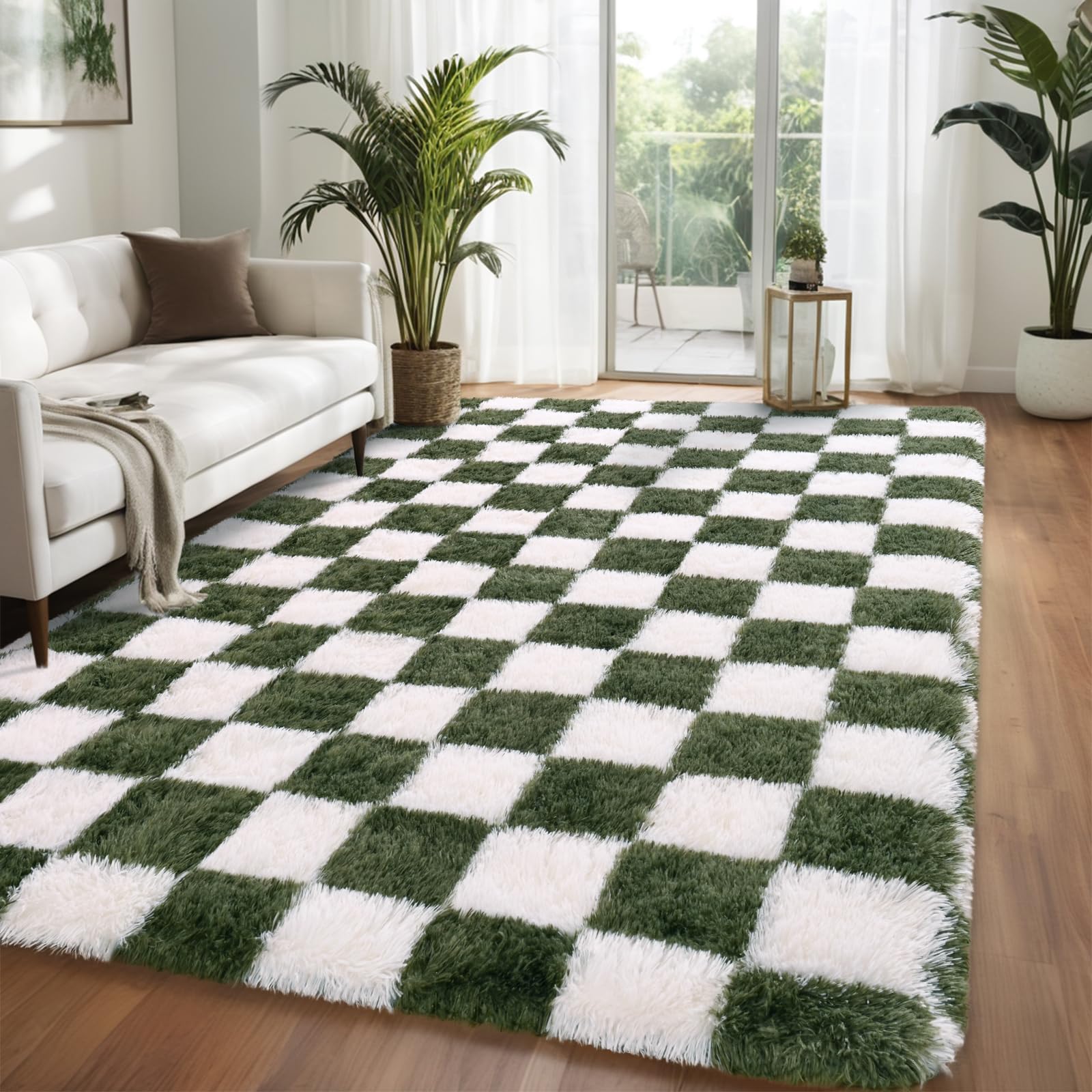Nuttumico 5x7 Feet Fluffy Plaid Area Rug for Bedroom, Olive Green White Soft Carpets Checkered for Living Room, Thickened Sponge Shaggy Rugs for Kids