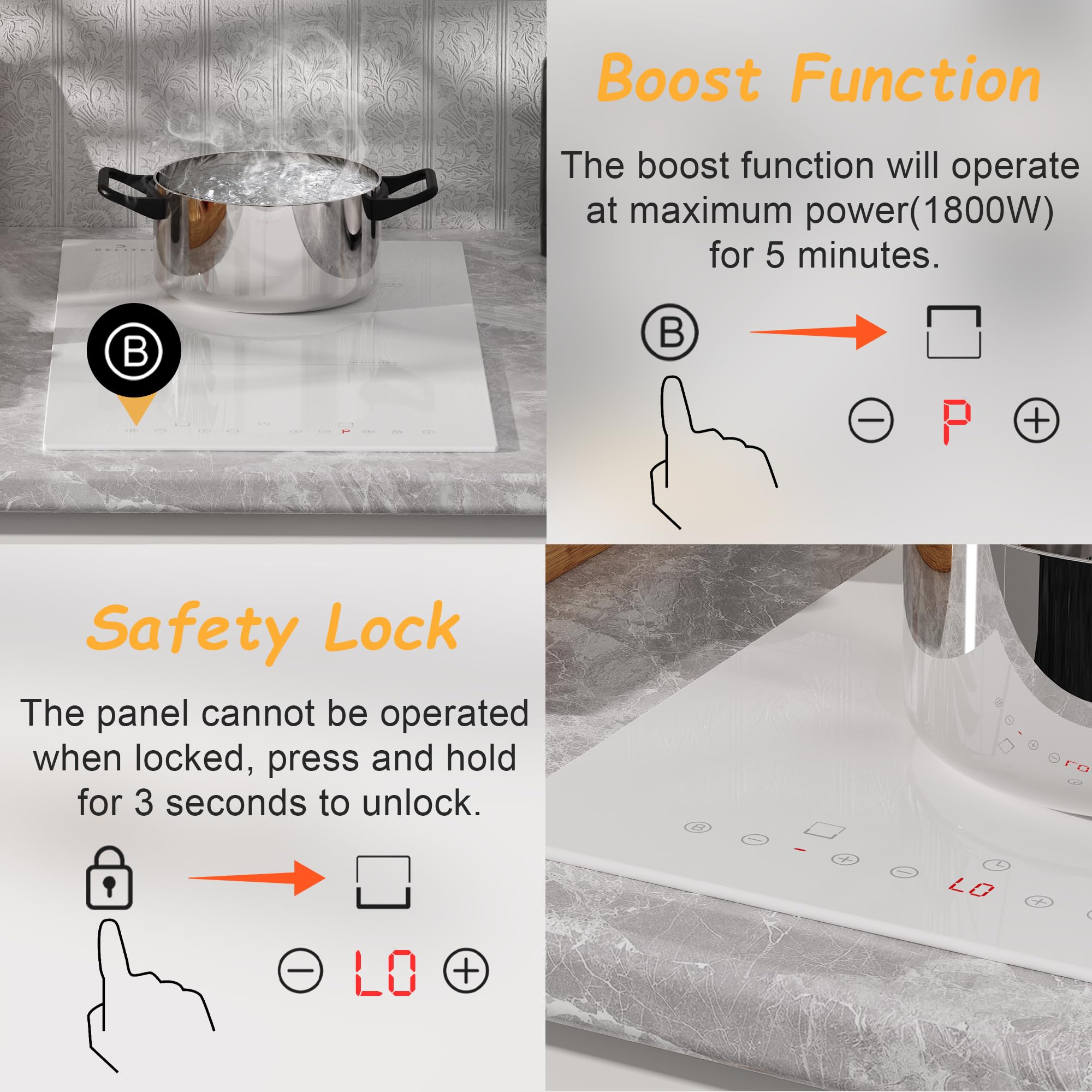 Plug-in Induction Hob White, Double Electric Induction Hob Built-in 30CM, Electric Cooktop 2 Ring, 2800W, 9 Power Levels, Safety Lock, Timer, Individual Touch Control, 230V — view 5