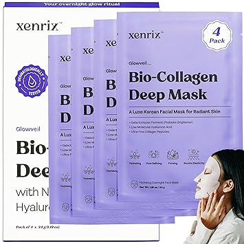 Xenrix Glowveil Bio-Collagen Deep Overnight Korean Face Mask | 1,00,000 PPM Collagen-Infused Skincare | Hydrating, Anti-Aging, Skin Firming, Glow-Boosting (Pack of 4) - image, photos