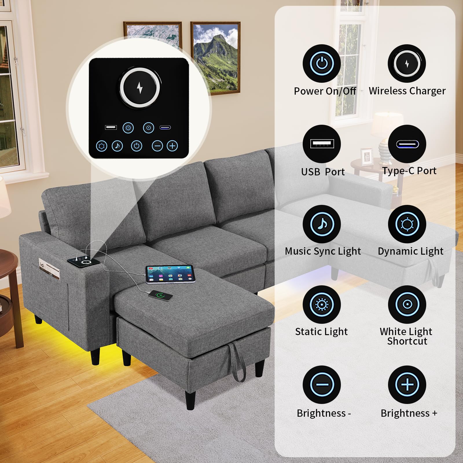6-Seat Linen Sectional Sofa With Storage Ottoman – U/L Shaped Convertible Couch, LED Lights, Wireless Charging, Music Sync