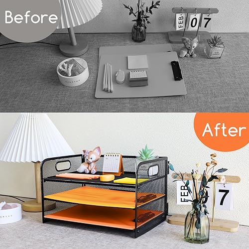 Miniatura 4 de Bandeja de papel de 3 niveles con asa, organizador de archivos de escritorio de malla metálica con bandejas, bandejas de papel A4, soporte para