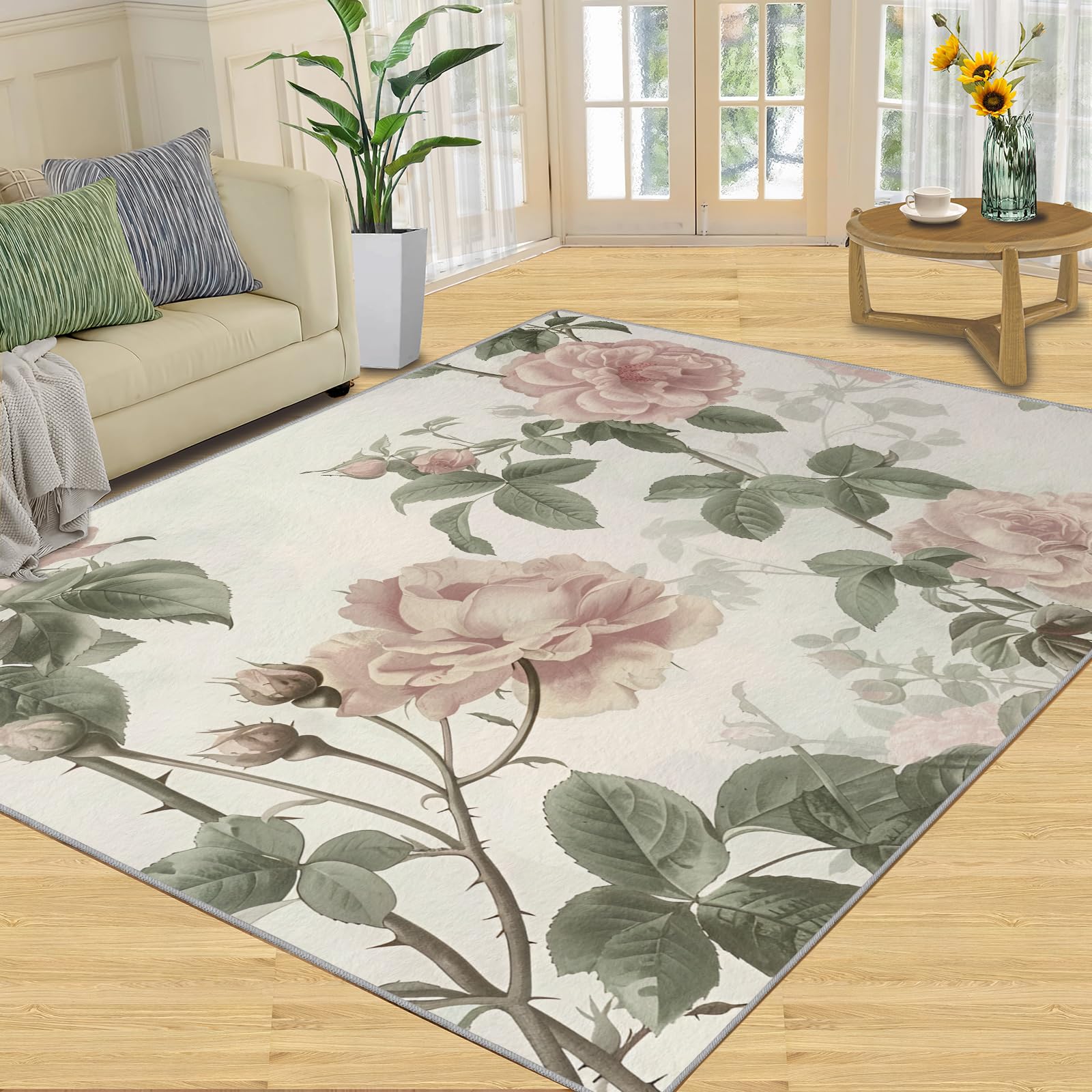 Tapis de Cuisine Vintage Antique Roses - 80 x 150 cm Tapis Shabby Chic pour Porte, Tapis de Chambre Floral de Campagne Antidérapant Anti-Fatigue pour Hall d'Entrée, Couloir