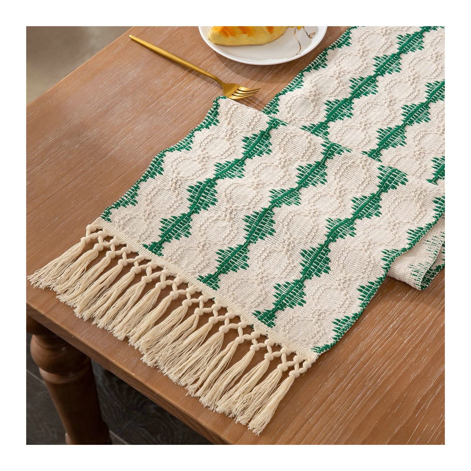 Bieżnik na stół o długości 330 cm, zielone bieżniki na stół dwukolorowe plecione z frędzlami, świąteczny bieżnik na stolik kawowy do salonu 33 x 330 cm
