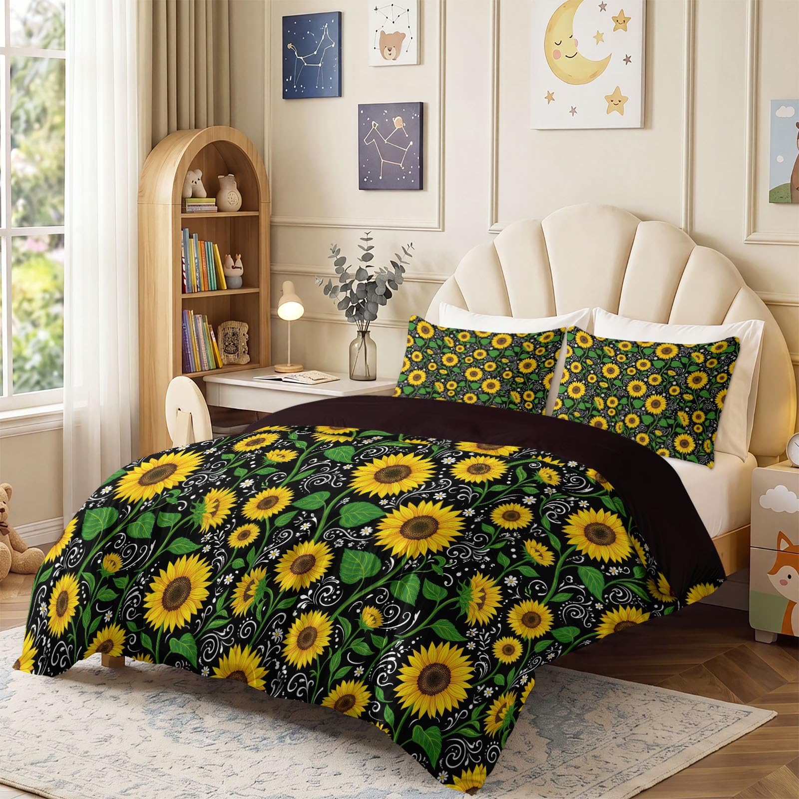 Set copripiumino reversibile, motivo piante girasole foglie onde, morbido e facile da pulire, in microfibra, con stampa rustica, matrimoniale, confortevole, per ragazze, bambini e adulti, nero