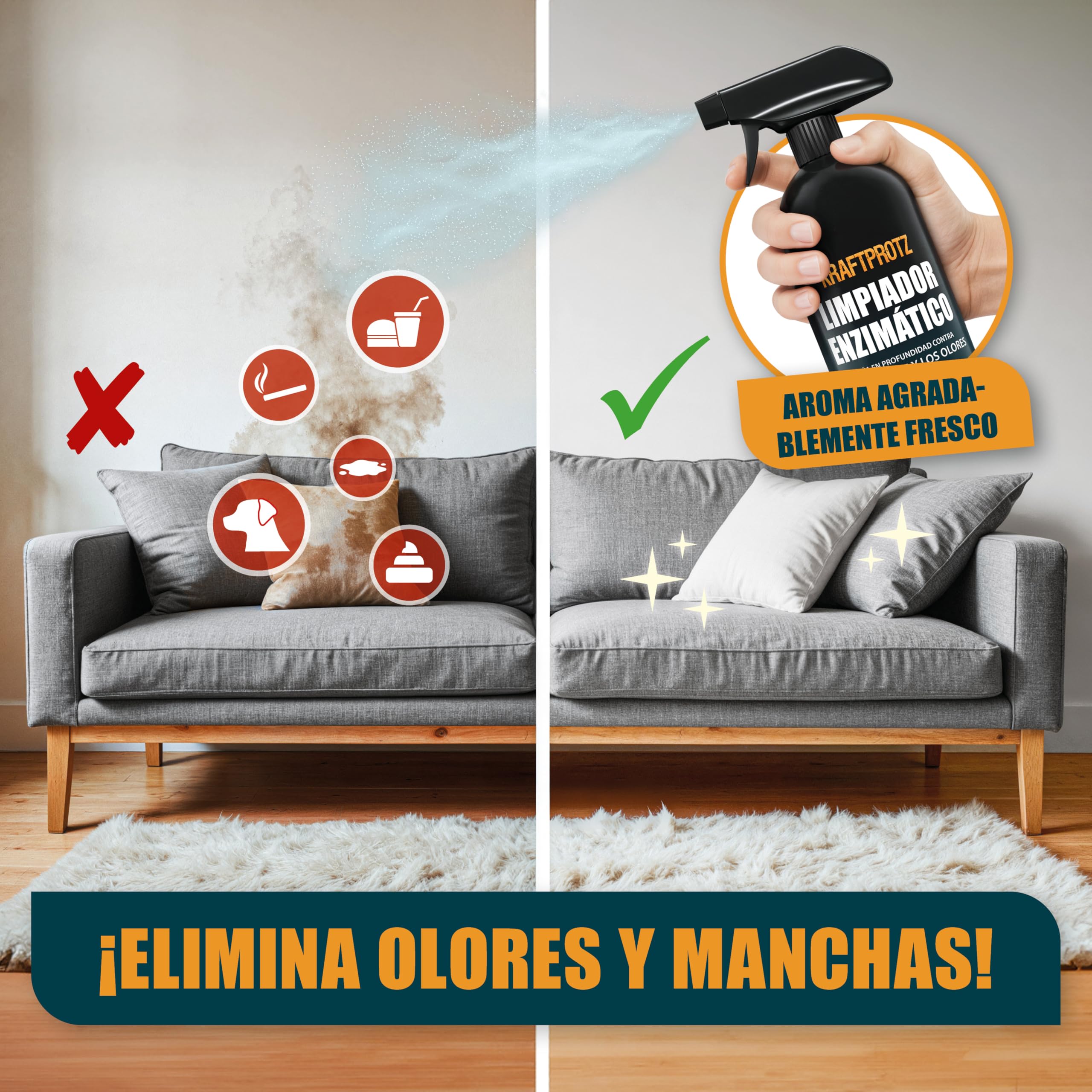Limpiador enzimático 750 ml – KRAFTPROTZ Limpiador biológico para Manchas y olores – Limpieza Profunda y cuidadosa – Ideal para alfombras, tapicerías, colchones, Textiles, Coche y hogar