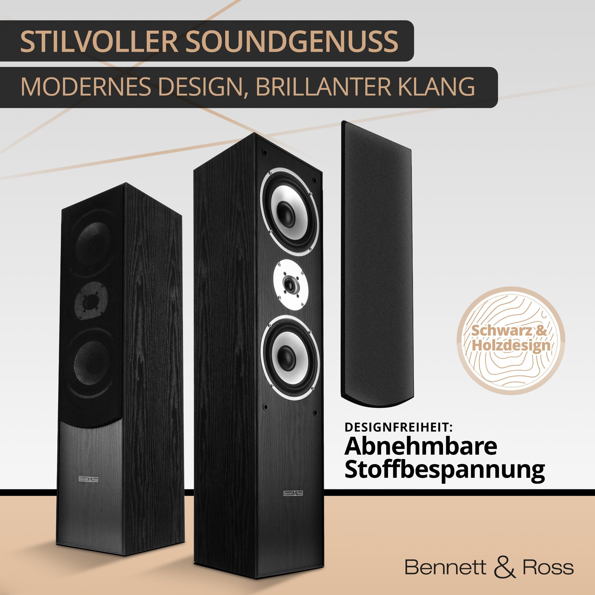 Bennett & Ross Radiant 3-Wege HiFi Standlautsprecher Paar (350W RMS, 6,5" Tieftöner, 6,5" Mitteltöner, 1" Hochtöner, Bassreflex-Konstruktion, Maserung in Holzoptik) schwarz