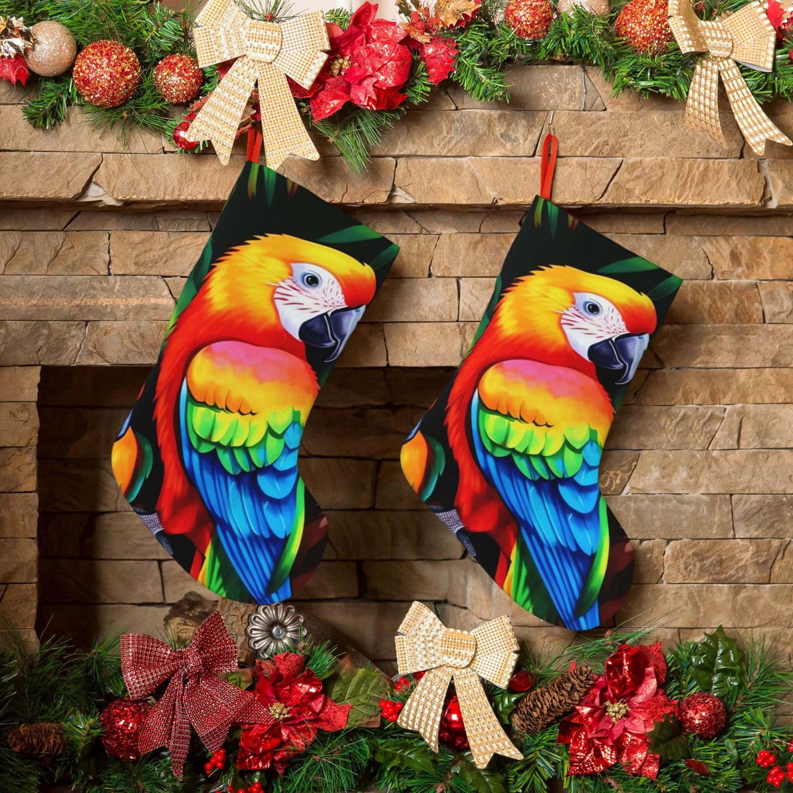 KLOPH Christmas Stockings 18" Personalized Xmas Stocking Colored Parrot Decoration Stocking Hanging Fireplace Stocking for Holiday Xmas Tree Christmas Fireplace Decor