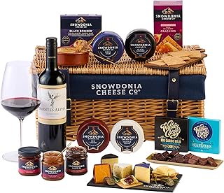 Snowdonia Cheese Company | Christmas Cheese Selection & Wine Wicker Hamper| 4 Snowdonia Cheese Truckles, Cheese Bake, 3 Chutneys, Chocolate, Crackers & Red Wine & Slate Board
