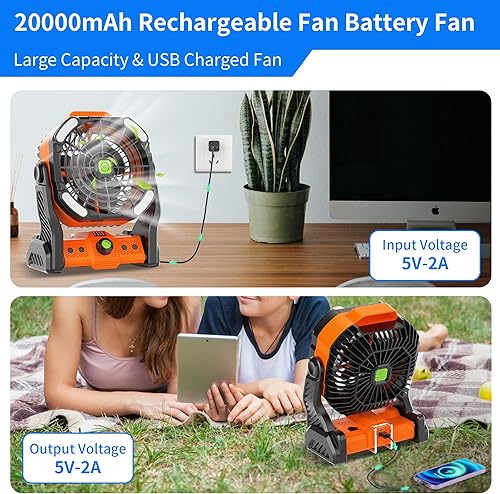 Miniatura 2 de Ventilador de camping con linterna LED, ventilador portátil recargable con batería para ventiladores de campamento al aire libre, ventilador de