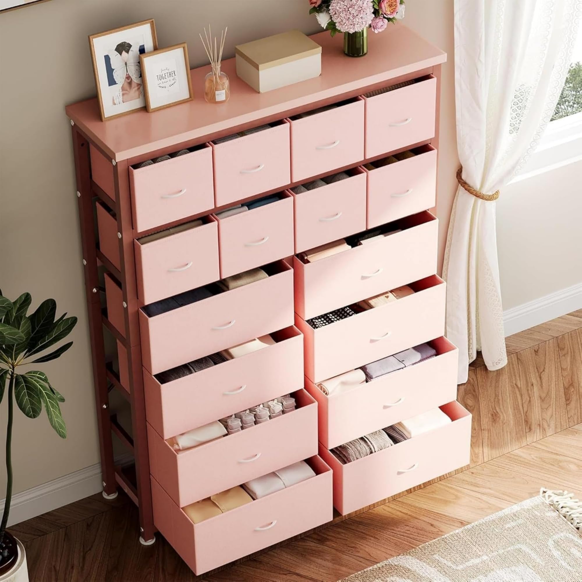 Cómoda alta rosa para dormitorio adulto, 16 cajones de tela con almacenamiento espacioso para ropa y accesorios, armario de almacenamiento vertical para dormitorio pequeño (rosa)