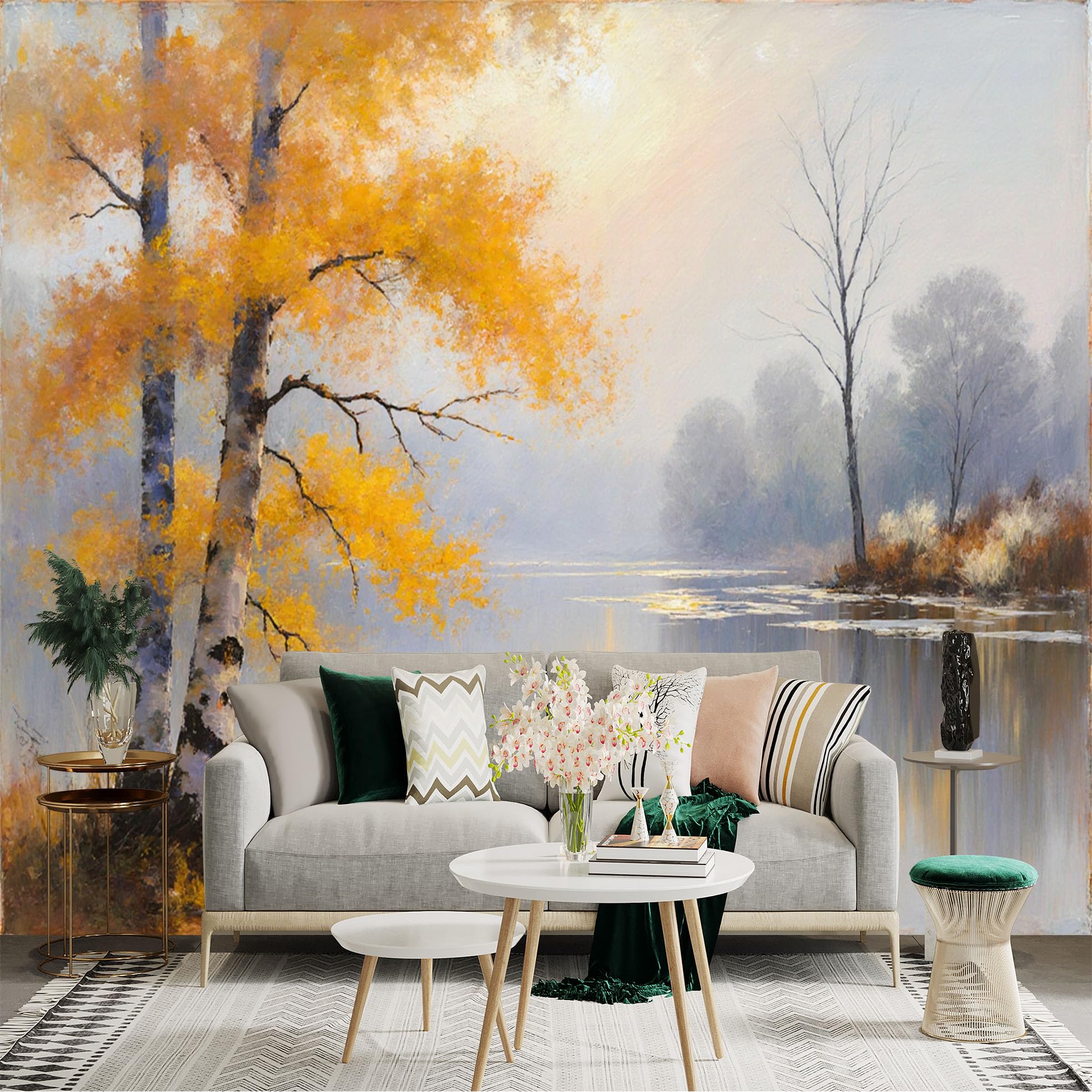 Lnzczhyre Xc260505280 Custom Size Wall Sticker Mural， Autumn Birch Trees By The Lake， Golden Foliage In Morning Mist， Serene Landscape， For Wall Decoration， Peelandstick Wall Decals.
