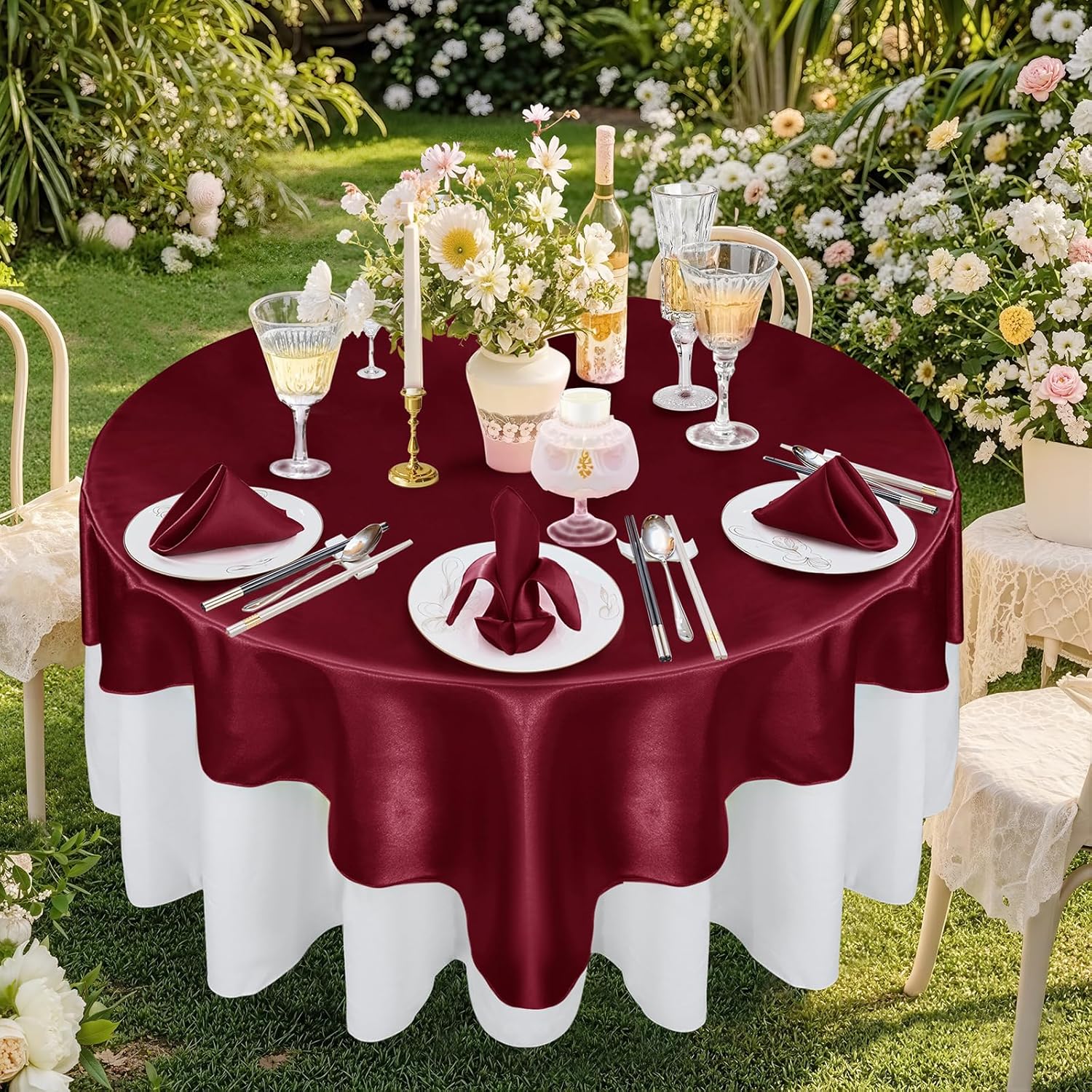 72 Inch Satin Square Tablecloth Overlay, 6 Pcs Burgundy Square Tablecloth Cover, Wrinkle-Free Table Cover, Stain-Resistant Fabric for Party, Wedding, Banquet Table Decoration