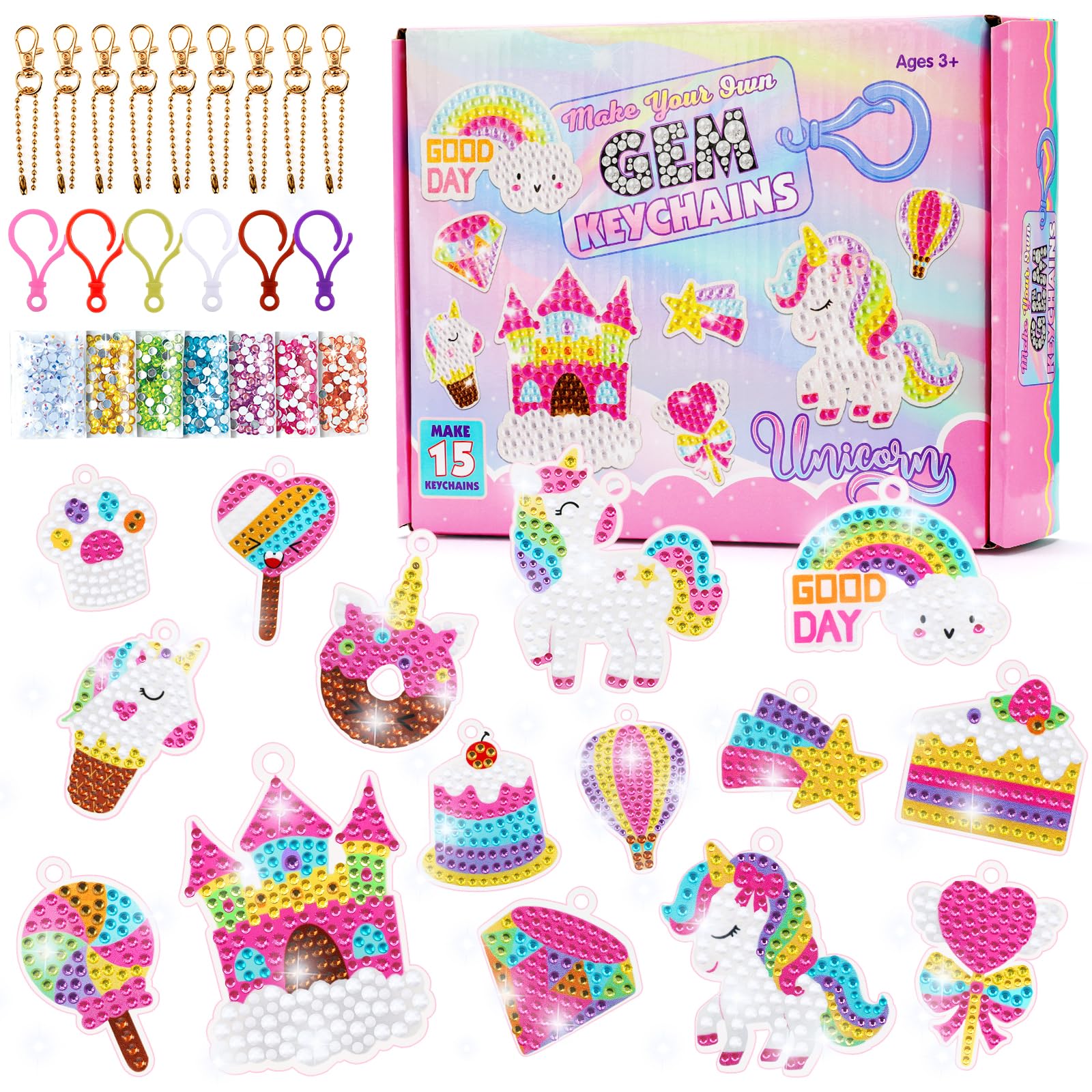 Maomaoyu 5D Diamond Painting Kit Completo para Niñas, 15 Piezas Pegatinas Diamond Painting Schlüsselanhänger, Pintura de Diamantes Manualidades y Regalo para Niña 5 6 7 8 9 10 Años, Unicornio