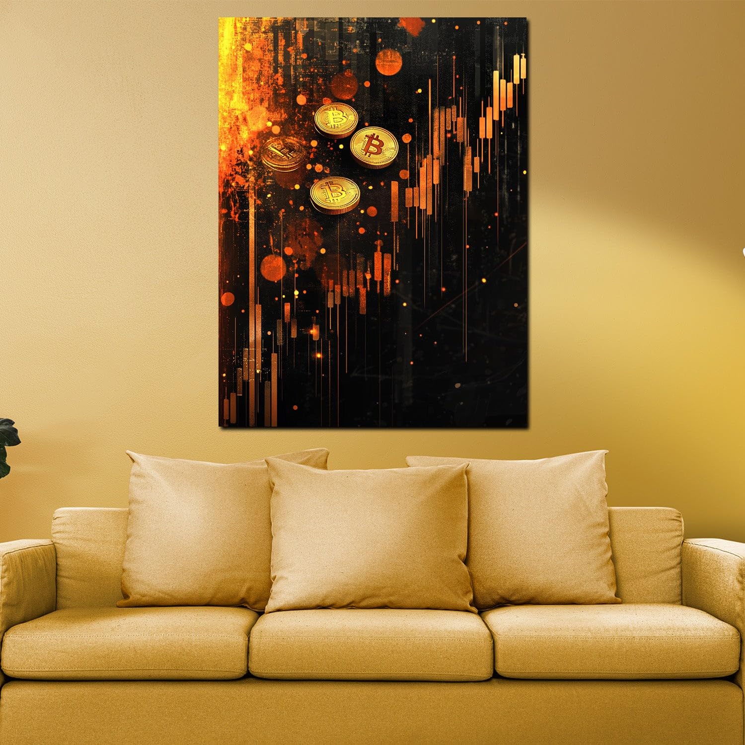 ARTEDinoi Bitcoin Münzen Geldregen Börsenchart Krypto Leinwandbild Wandbild | Bitcoin-Motiv, Börse