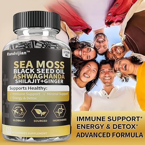 Miniatura 2 de Complejo de musgo marino con aceite de semilla negra, Ashwaghanda, Shilajit y jengibre, 60 gomitas, 17590 mg, apoyo inmunológico y energético