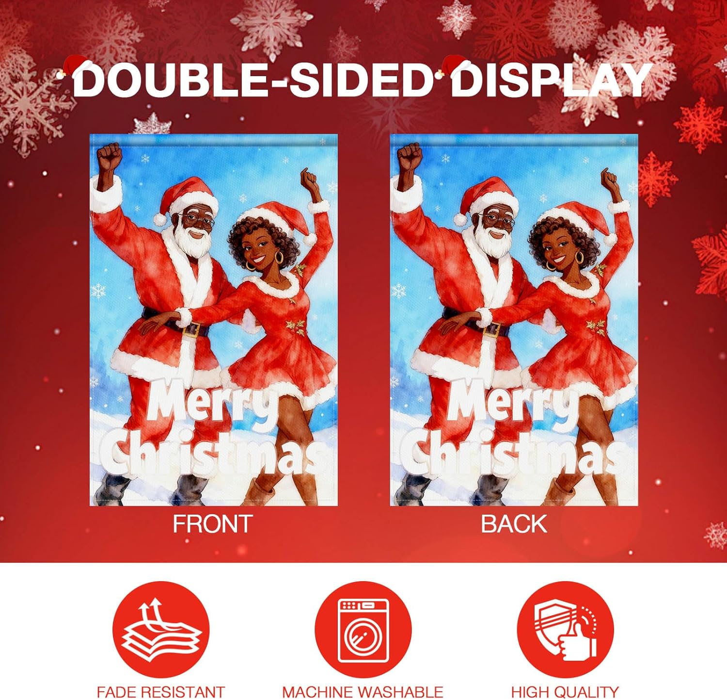 Black Santa and African American Mrs Claus Dancing Merry Christmas Garden Flag 12x18 Inch Couple Holiday Yard Banner Double Sided Seasonal Outdoor Winter Decoration for Porch Lawn Patio - Image 5