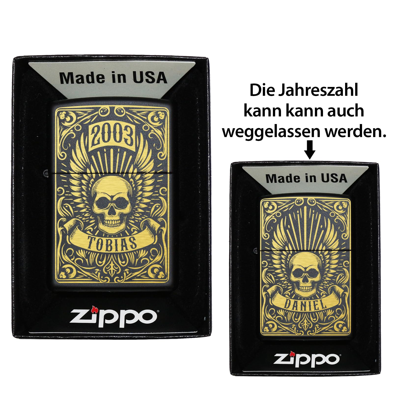 Totenkopf Zippo Feuerzeug mit personalisierter Gravur, Sturmfeuerzeug mit Totenkopf Zippo Geschenk für Männer