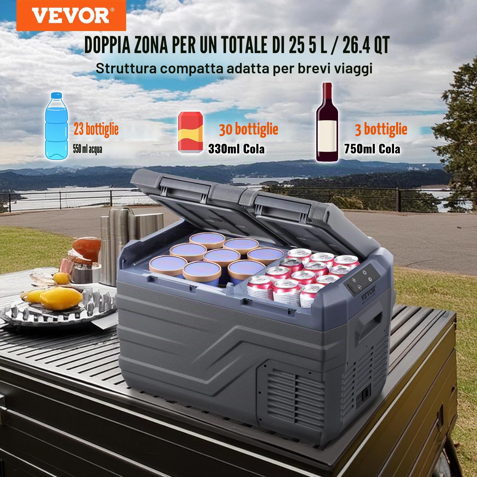 VEVOR Frigorifero per Auto, Congelatore Portatile Doppia Zona 25 L, 12 Volt, Gamma Regolabile da -20~20 ℃, Dispositivo di Raffreddamento a Compressore 12/24 V CC e 100-240 V CA per Campeggio Camper